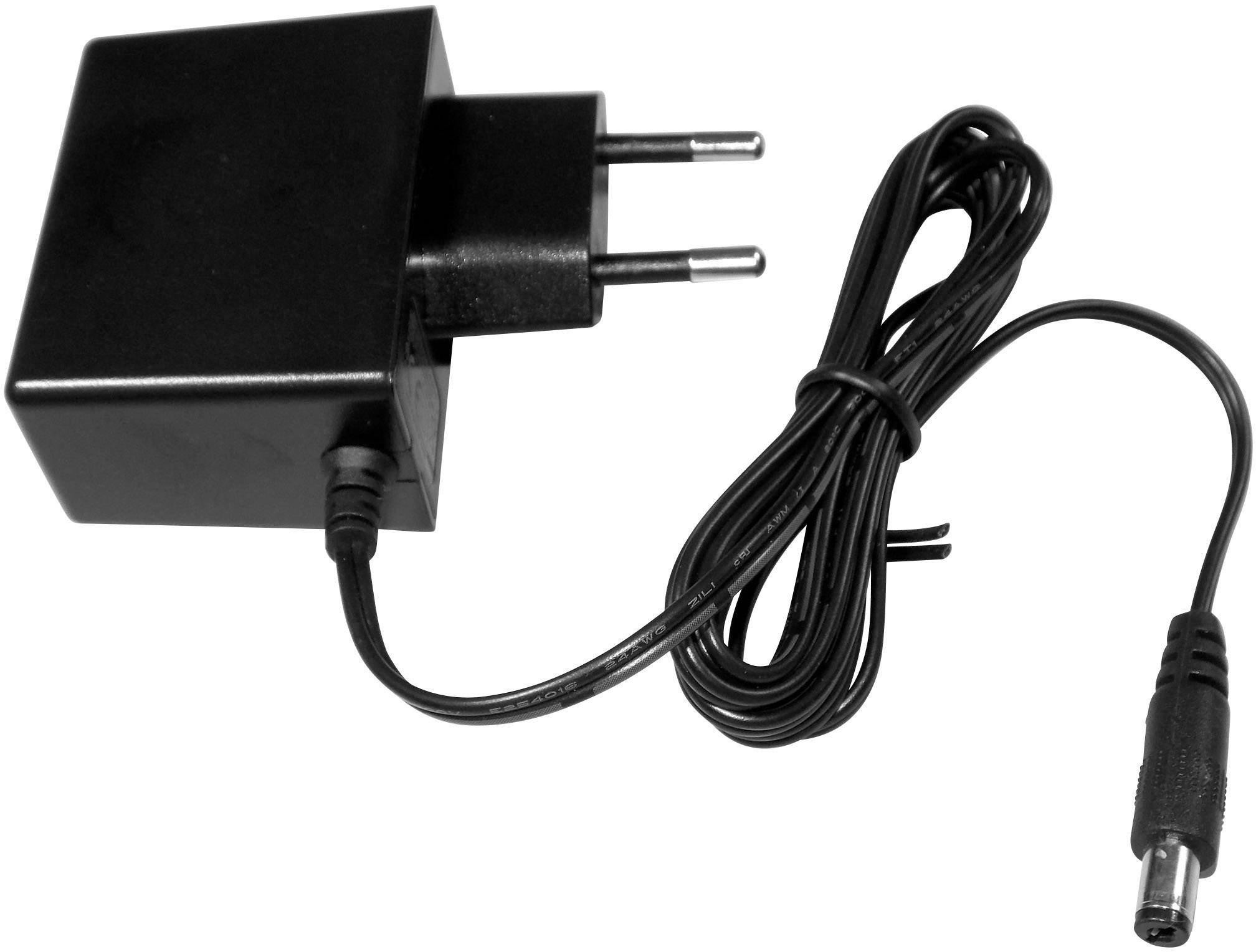 Schwarzes Netzteil mit Eurostecker und langem Kabel.