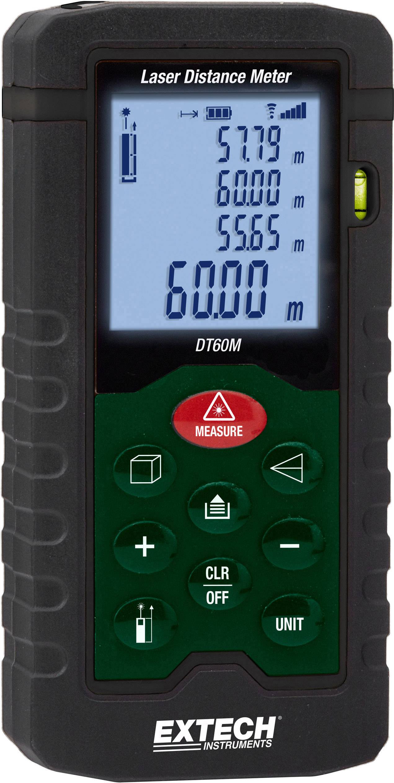 'Extech DT60M Laser Entfernungsmesser' mit digitalem Display. Zeigt diverse Messungen in Metern: 57,79, 60,00, 55,65. Tasten für Messung und Einstellungen.