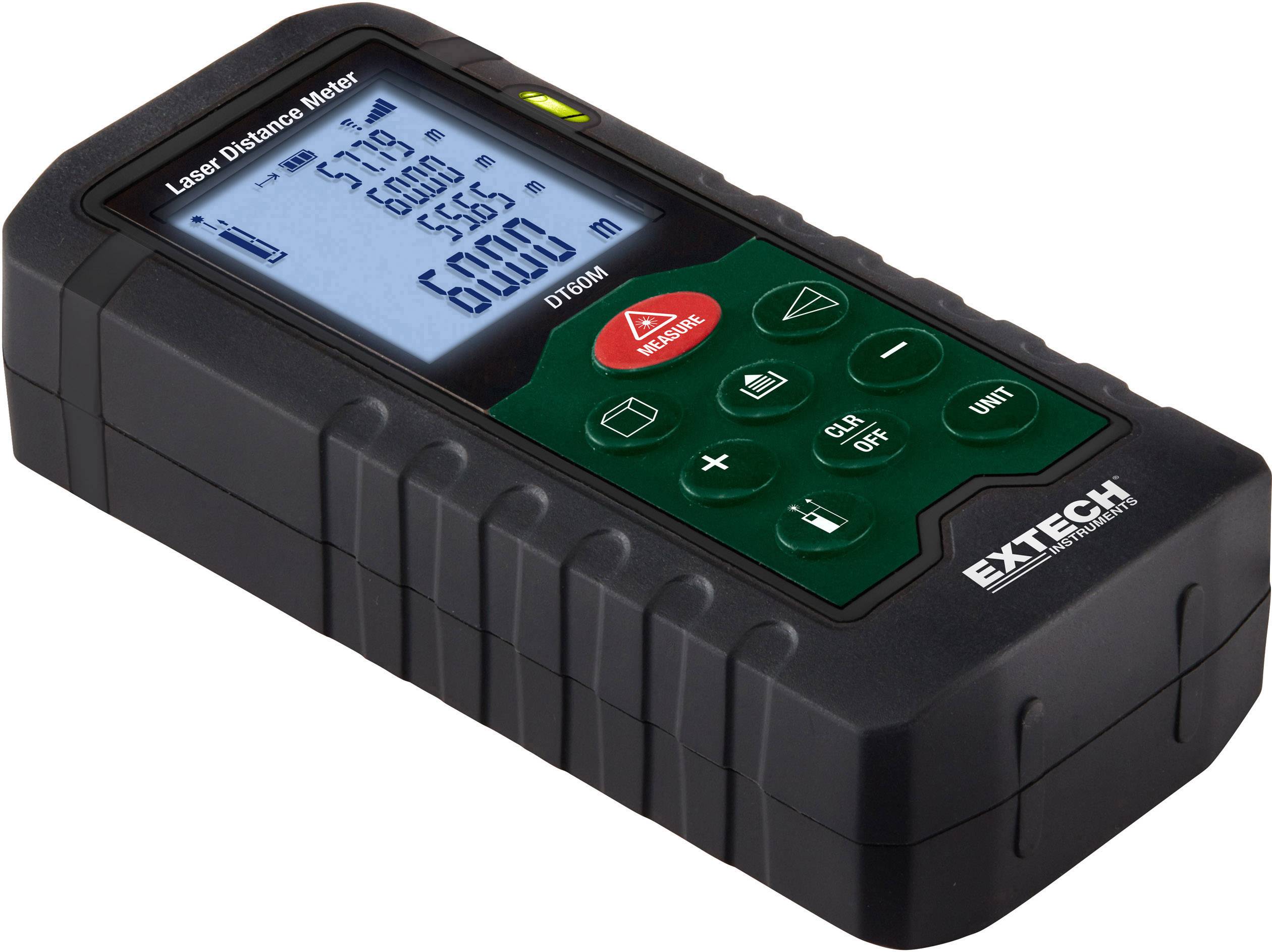 Elektronisches Laser-Entfernungsmessgerät mit LCD-Display, zeigt Messwerte von 5,178 m und 6,000 m an. Schwarzes Gehäuse, grüne Tasten.