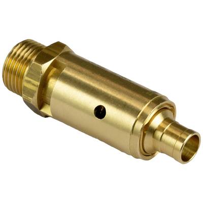 Goldenes Metallventil mit mehreren Anschlüssen und einem kleinen Loch an der Seite, typischerweise verwendet in Fluid- oder Gasleitungen.