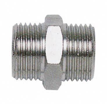 Metalladapter mit beidseitigem Außengewinde, dient zum Verbinden von Rohren oder Schläuchen in hydraulischen oder pneumatischen Systemen.