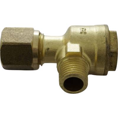 Ein Messing-Winkelanschluss mit Gewinde und Sechskantmutter, verwendet für Rohrverbindungen in Sanitär- oder Heizsystemen.