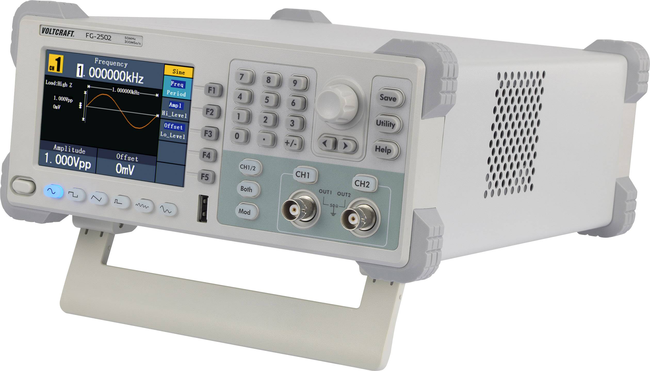 Elektronisches Gerät mit Display zeigt Frequenzeinstellungen und Sinuswellen-Grafik; diverse Bedienelemente und Anschlüsse sind sichtbar.