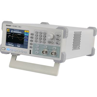 Elektronisches Gerät mit Display zeigt Frequenzeinstellungen und Sinuswellen-Grafik; diverse Bedienelemente und Anschlüsse sind sichtbar.
