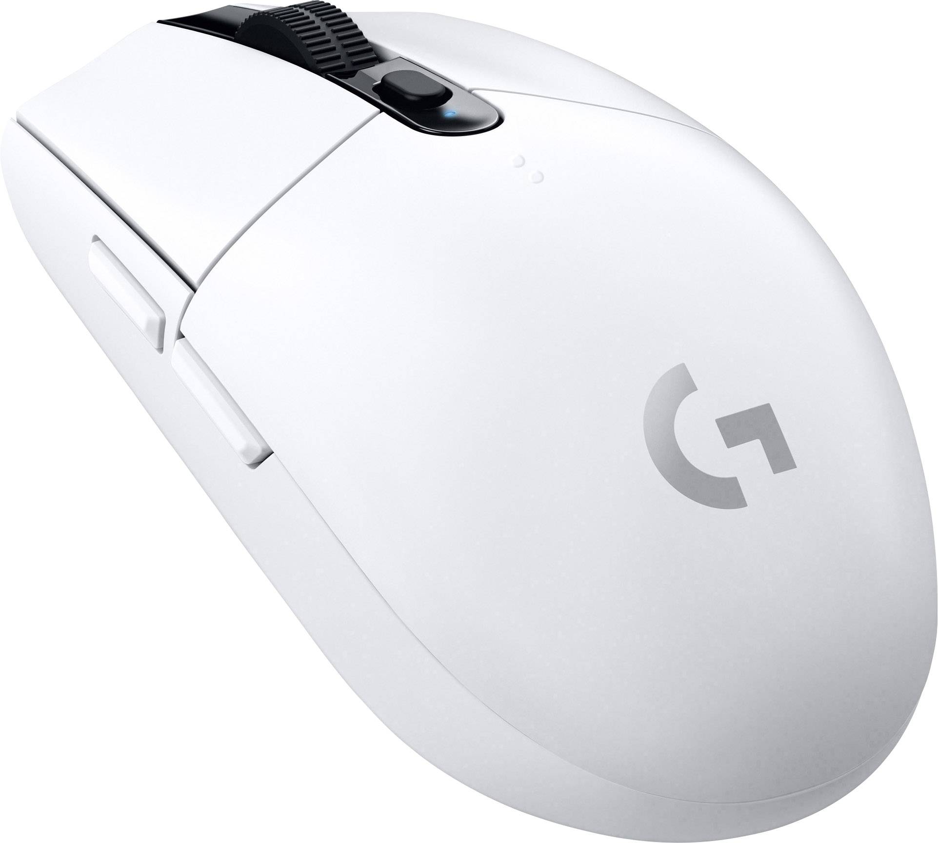 Weiße Gaming-Maus mit ergonomischem Design, zwei Seitentasten, Scrollrad und Markenlogo. Ideal für präzises Spielen.