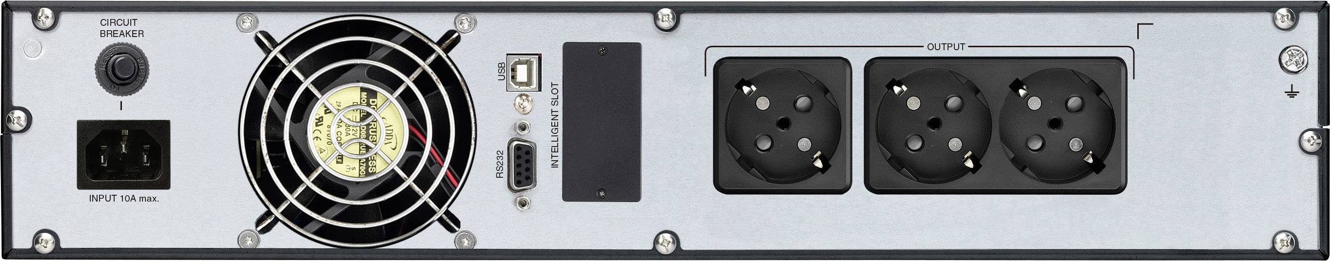 Rückansicht eines elektronischen Geräts mit Lüfter, Netzanschluss, zwei Schuko-Steckdosen und verschiedenen Anschlüssen.