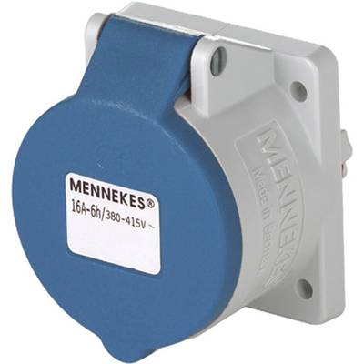 Industrie-Steckdose von Mennekes, blau-grau, für 380-415V, 16A. Quadratische Rückplatte, Schraublöcher an den Ecken.