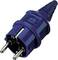 Ein blauer Schuko-Stecker mit zwei runden Metallstiften und Isolierung, verwendet für elektrische Anschlüsse in Europa.