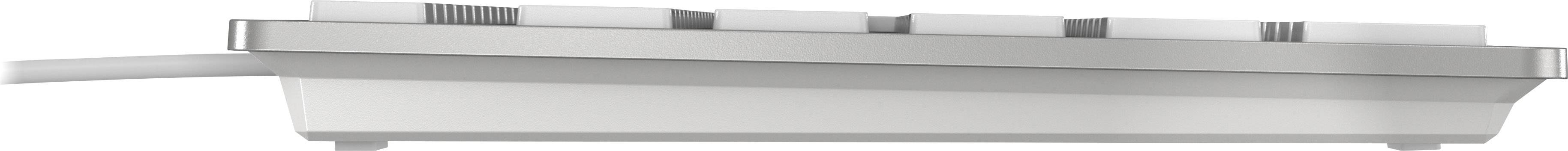 Seitliche Ansicht einer weißen Tastatur mit flachem Profil und einem dünnen Kabel auf der linken Seite.