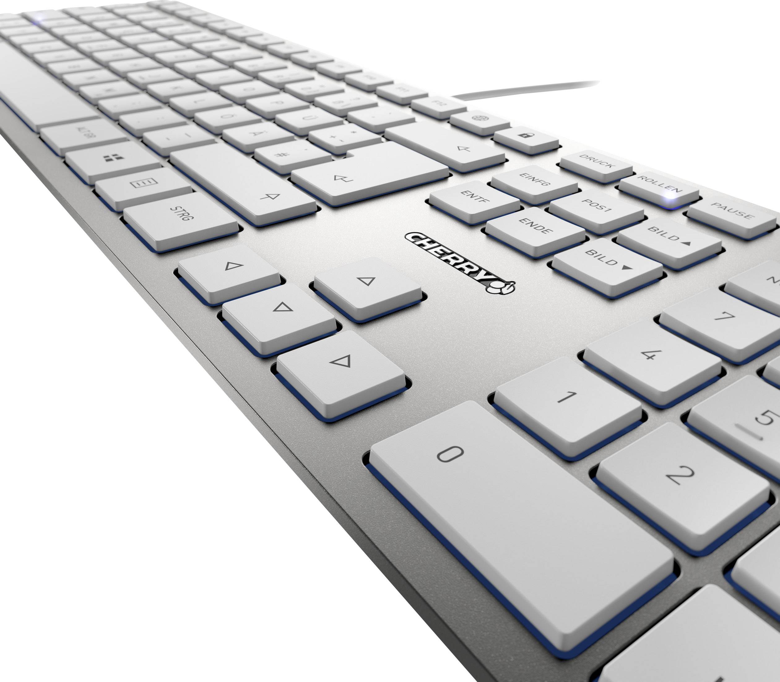 Eine moderne Computertastatur in Nahaufnahme, die makellos und funktional wirkt. Das Logo des Herstellers ist sichtbar.