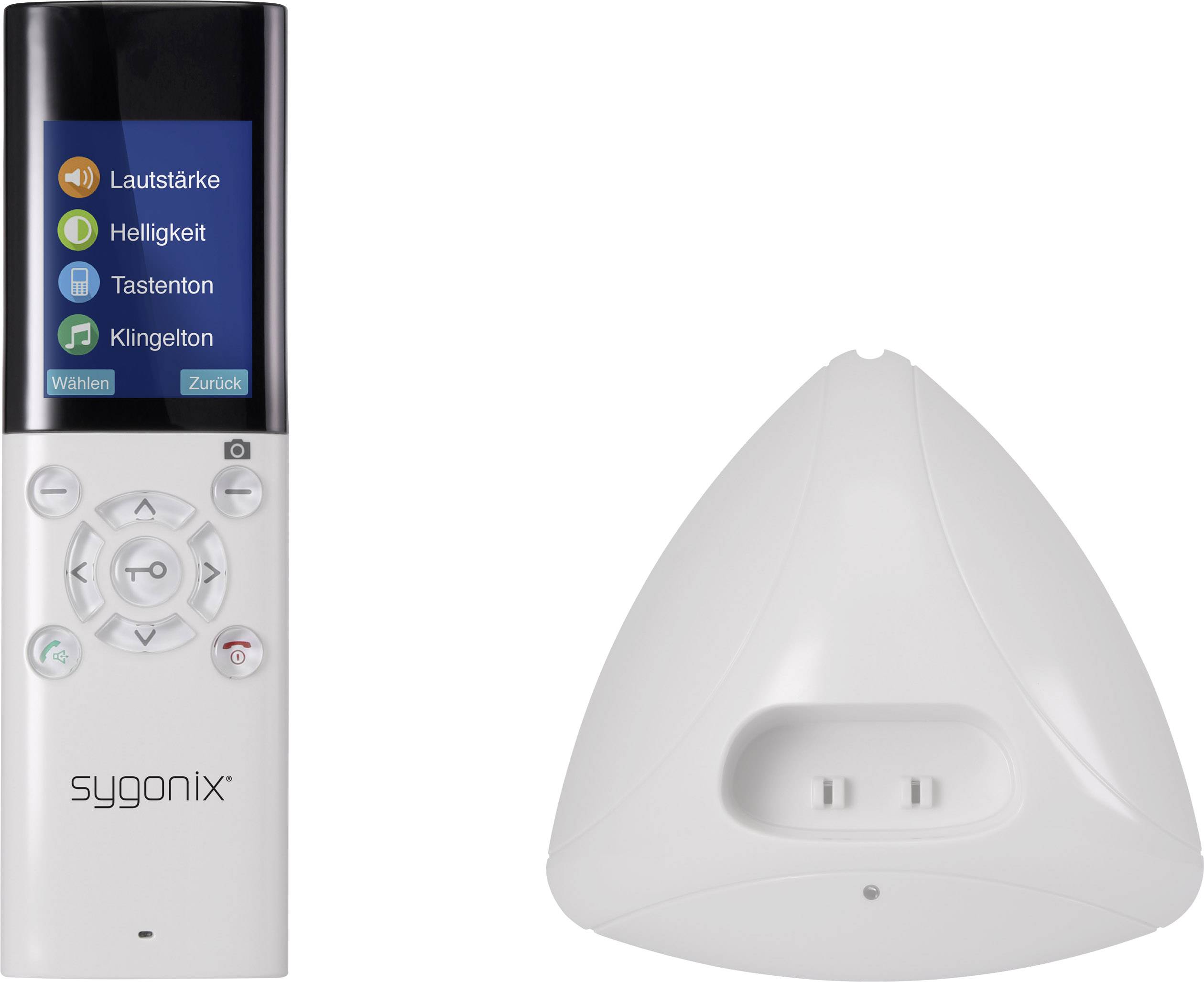 'Fernbedienung und Sensor von sygonix. Die Fernbedienung zeigt Optionen für Lautstärke, Helligkeit, Tastenton und Klingelton.'