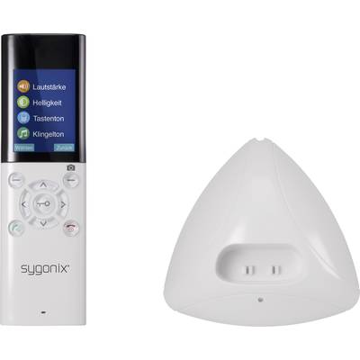 'Fernbedienung und Sensor von sygonix. Die Fernbedienung zeigt Optionen für Lautstärke, Helligkeit, Tastenton und Klingelton.'