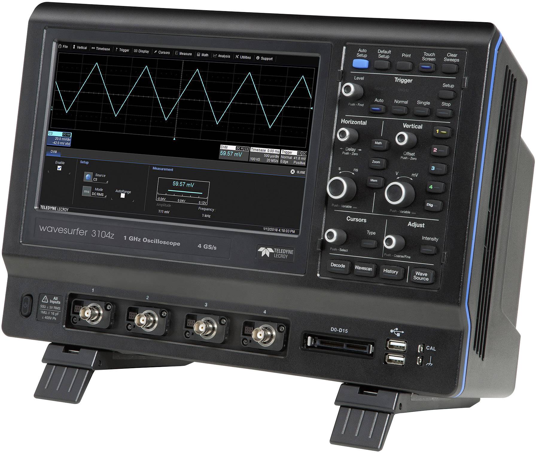Oszilloskop mit einem Display, das eine Wellenform und mehrere Bedienknöpfe zeigt. Das Gerät misst elektrische Signale.