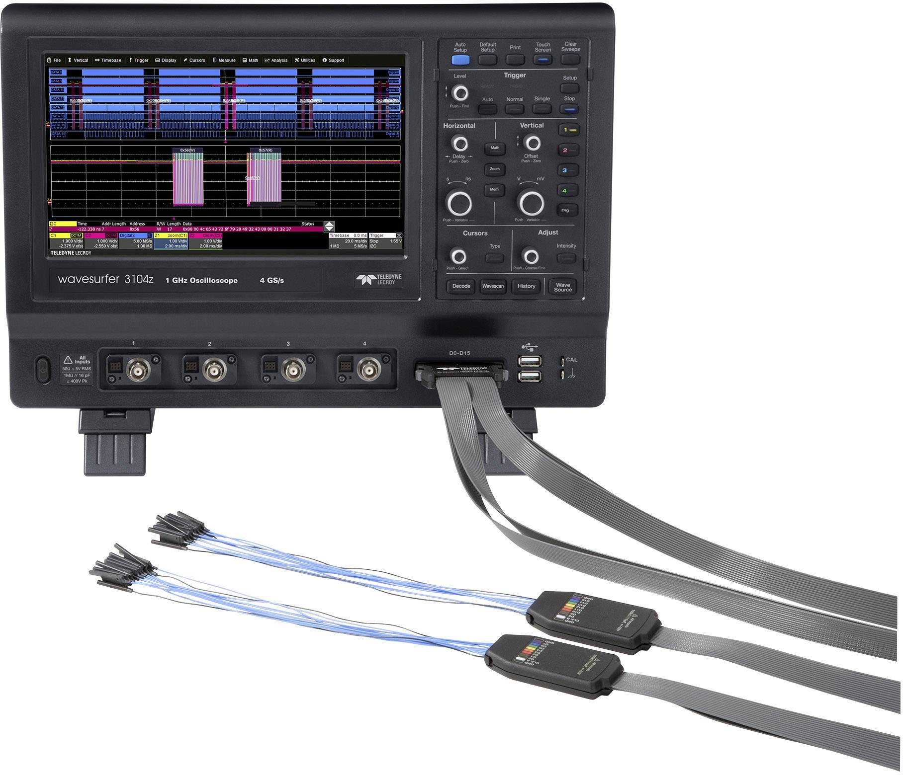 Ein digitales Oszilloskop mit farbigem Display zeigt Messdaten. Es verfügt über mehrere Bedienelemente und Anschlüsse an der Vorderseite.
