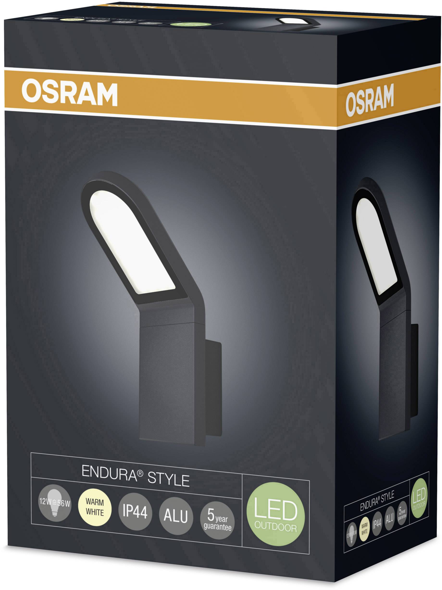 Verpackung einer Osram LED-Außenleuchte 'Endura Style'. Zeigt Produktabbildung, IP44-Schutz, warmweißes Licht, 5 Jahre Garantie.