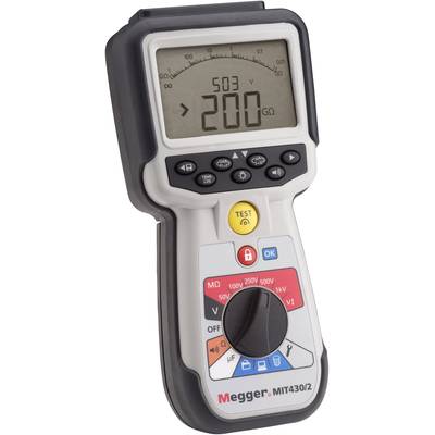 Digitales Isolationsmessgerät mit Displayanzeige '503 200 GΩ', gelber Testknopf und Drehschalter für Spannungsbereiche.