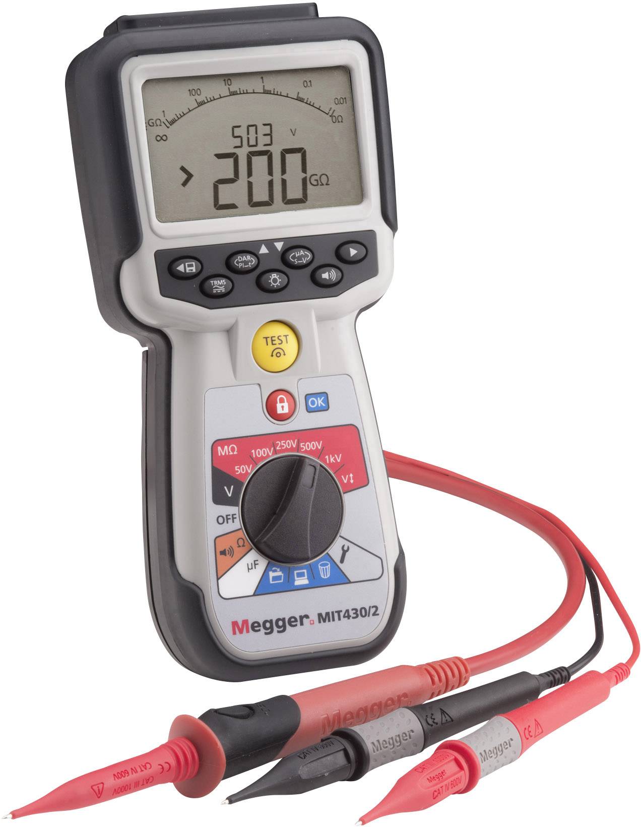 Ein digitales Isolationsmessgerät mit Displayanzeige von '503 V' und '200 MΩ'. Zwei Prüfspitzen sind am Gerät angeschlossen.