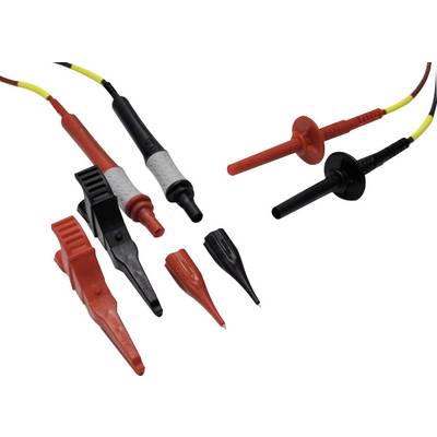 Messspitzen-Set mit roten und schwarzen Prüfspitzen und -zangen, verwendet zum Testen elektrischer Verbindungen.