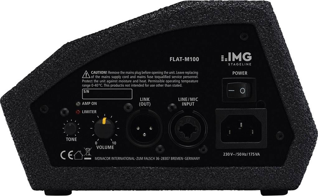 Rückseite eines Lautsprechers mit Anschlüssen: XLR-Eingang und Line/Mic Input, Netzschalter, Lautstärkeregler und Hinweistext.