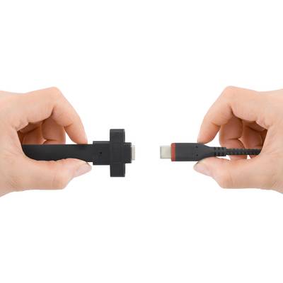 Zwei Hände halten verschiedene Kabelanschlüsse, die linke Hand hält einen HDMI-Stecker und die rechte Hand einen USB-C-Stecker.