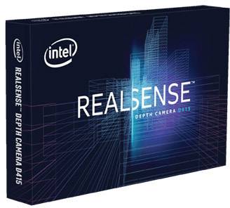 Verpackung der Intel RealSense D415 Tiefenkamera, zeigt Produktname und Logo. Beinhaltet 3D-Erfassungstechnologie.
