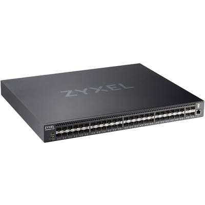 Ein schwarzer Netzwerk-Switch mit mehreren Ports auf der Vorderseite, trägt das Logo 'Zyxel'. Gerichtet für professionellen IT-Einsatz.
