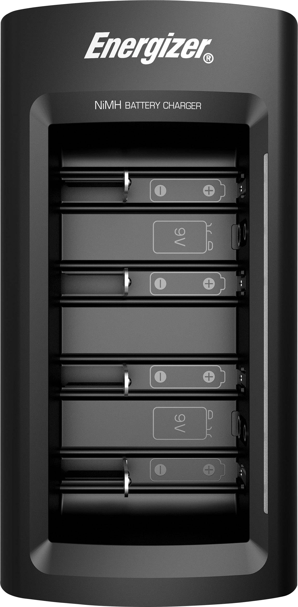 Ein schwarzes 'Energizer' NiMH-Batterieladegerät mit vier Schächten für 9V-Batterien, zeigt die positive und negative Polung an.