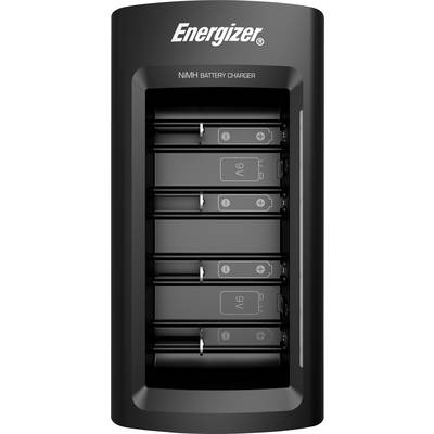 Ein schwarzes 'Energizer' NiMH-Batterieladegerät mit vier Schächten für 9V-Batterien, zeigt die positive und negative Polung an.