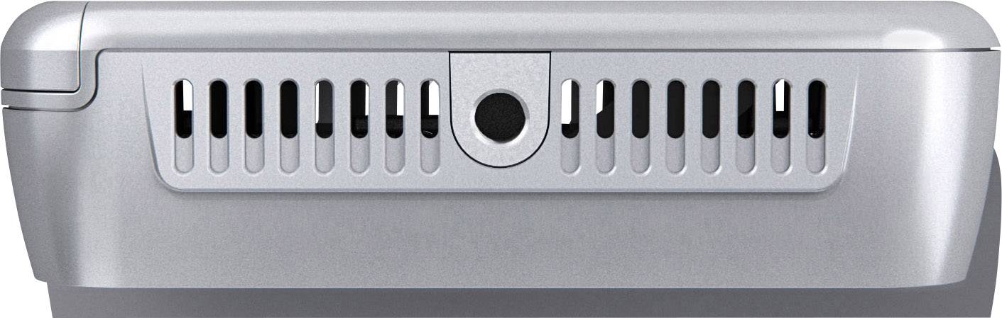 Grauer Kunststoffdeckel eines Geräts, wahrscheinlich eine Belüftungsöffnung mit zentralem schwarzen Loch und mehreren Schlitzen.