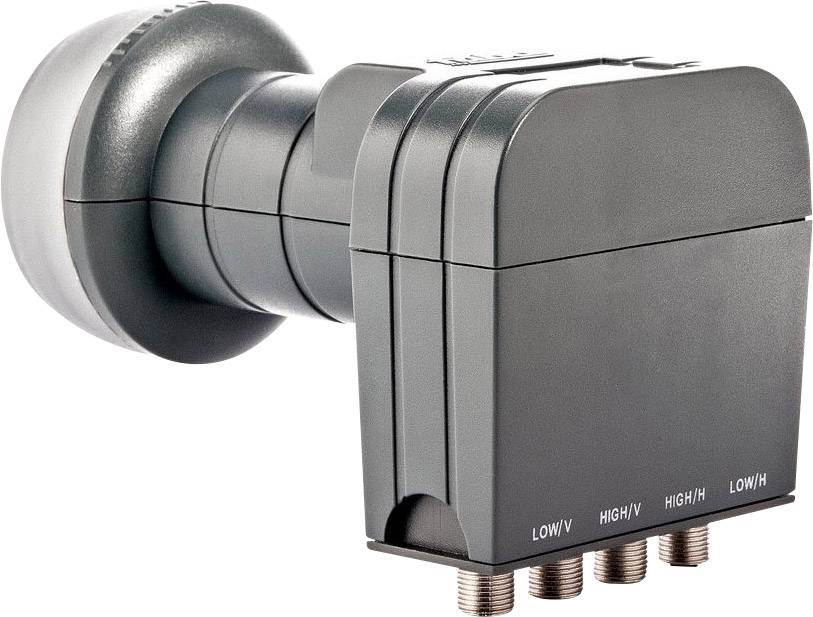 Ein grauer Satelliten-LNB mit vier Anschlüssen, beschriftet mit 'LOW/V', 'HIGH/V', 'HIGH/H', 'LOW/H'. Geeignet für Mehrteilnehmeranlagen.