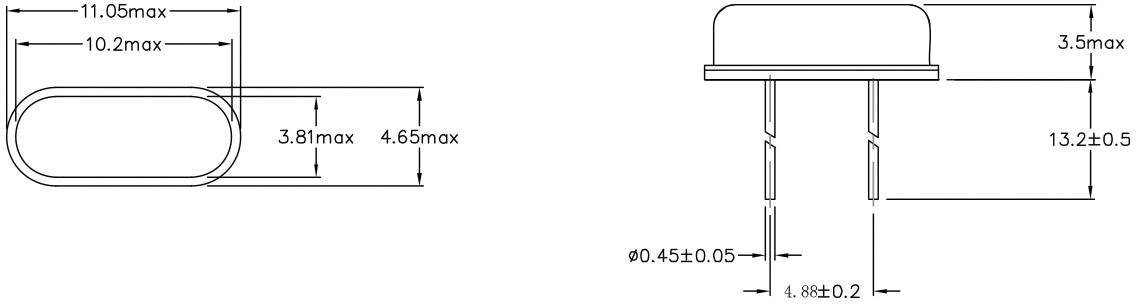 Technische Zeichnung eines elektronischen Bauteils mit Abmessungen: 11,05 mm Länge, 10,2 mm Breite, 3,5 mm Höhe, Pin-Abstand 1,0 mm.