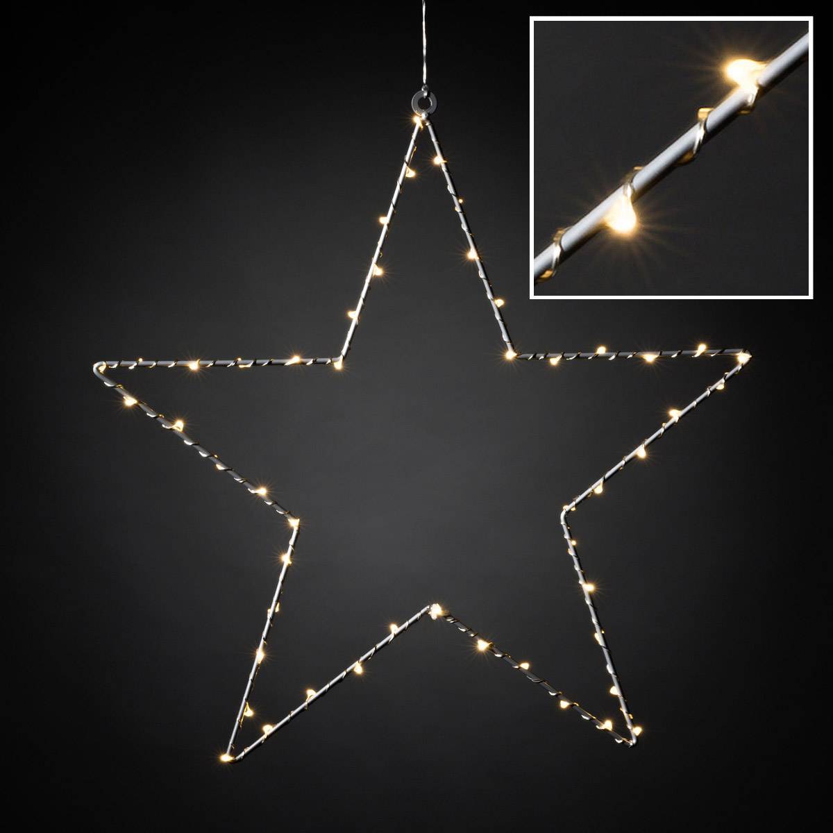 Starförmige Lichterkette mit warmweißen LEDs, die an einem Draht angebracht sind. Eine Nahaufnahme zeigt die LED und den Draht.