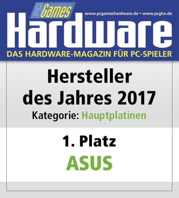 Magazin-Auszeichnung für ASUS als 'Hersteller des Jahres 2017' in der Kategorie Hauptplatinen, präsentiert von PC Games Hardware.