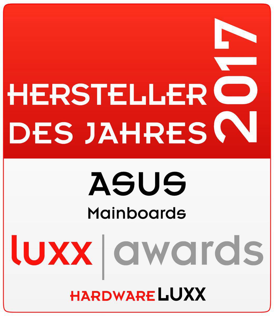 'Hersteller des Jahres 2017' Auszeichnung für ASUS Mainboards bei den luxx awards von HardwareLUXX, auf rot-weißem Hintergrund.