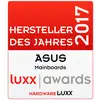'Hersteller des Jahres 2017' Auszeichnung für ASUS Mainboards bei den luxx awards von HardwareLUXX, auf rot-weißem Hintergrund.