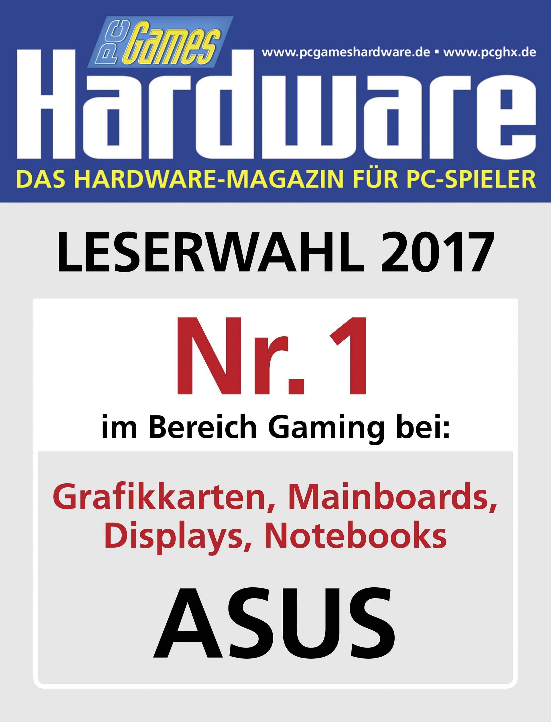'PC Games Hardware' Magazin-Cover. 'Leserwahl 2017 Nr. 1 im Bereich Gaming bei: Grafikkarten, Mainboards, Displays, Notebooks - ASUS.'