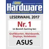 'PC Games Hardware' Magazin-Cover. 'Leserwahl 2017 Nr. 1 im Bereich Gaming bei: Grafikkarten, Mainboards, Displays, Notebooks - ASUS.'