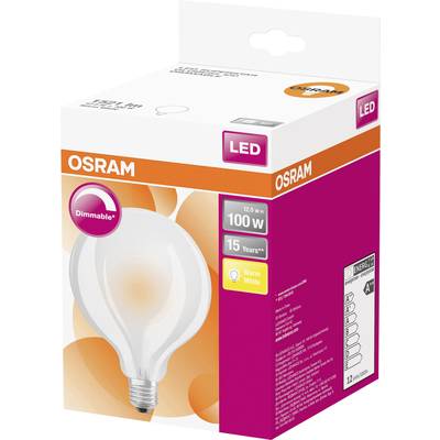 LED-Lampe in der Originalverpackung von Osram. Die Verpackung zeigt die Leuchtkraft von 100 Watt und eine Lebensdauer von 15 Jahren an.