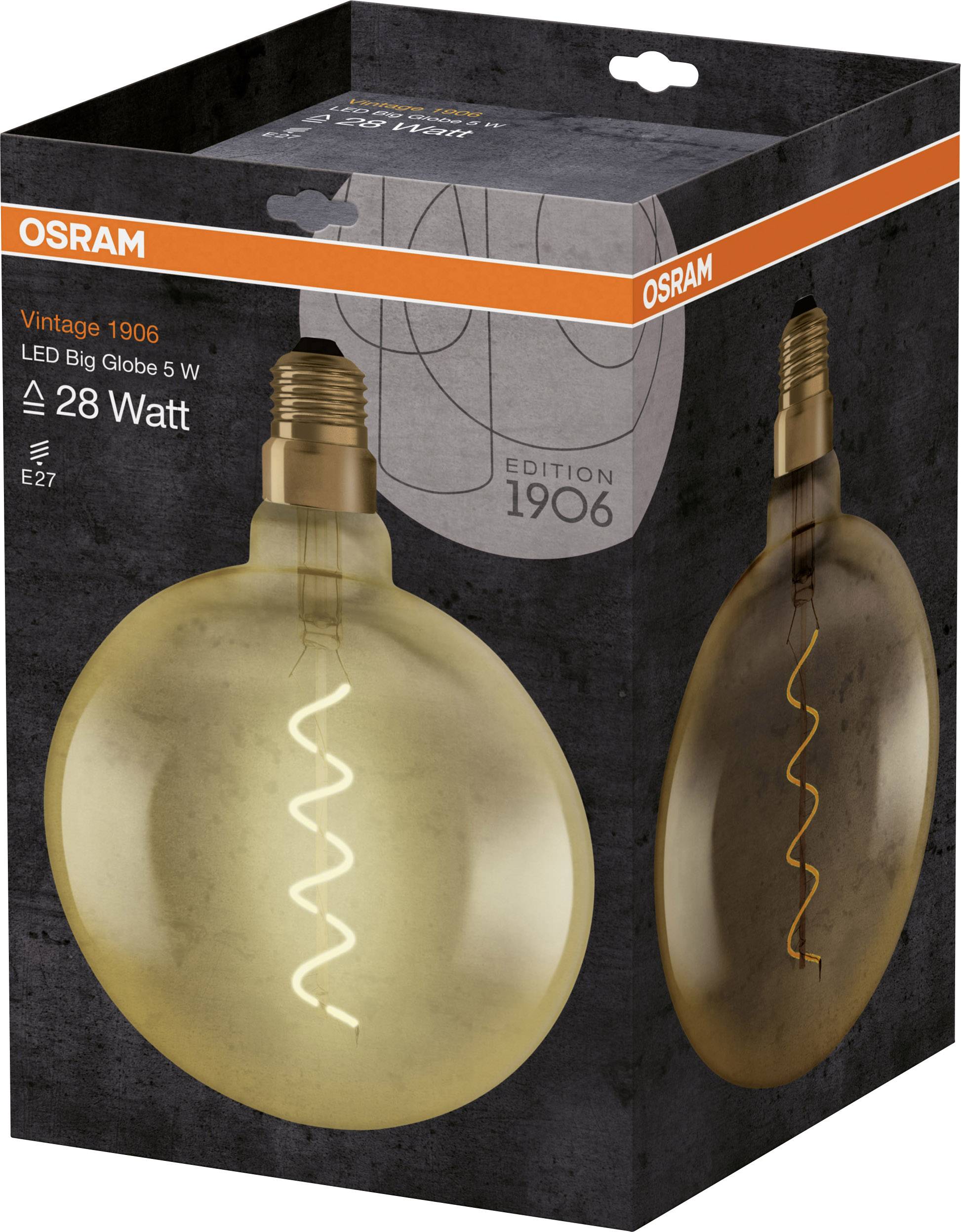 Verpackung einer OSRAM Vintage 1906 LED Big Globe 5W Glühbirne, E27, 28 Watt, spiralförmiges Filament, orange-brauner Ton.