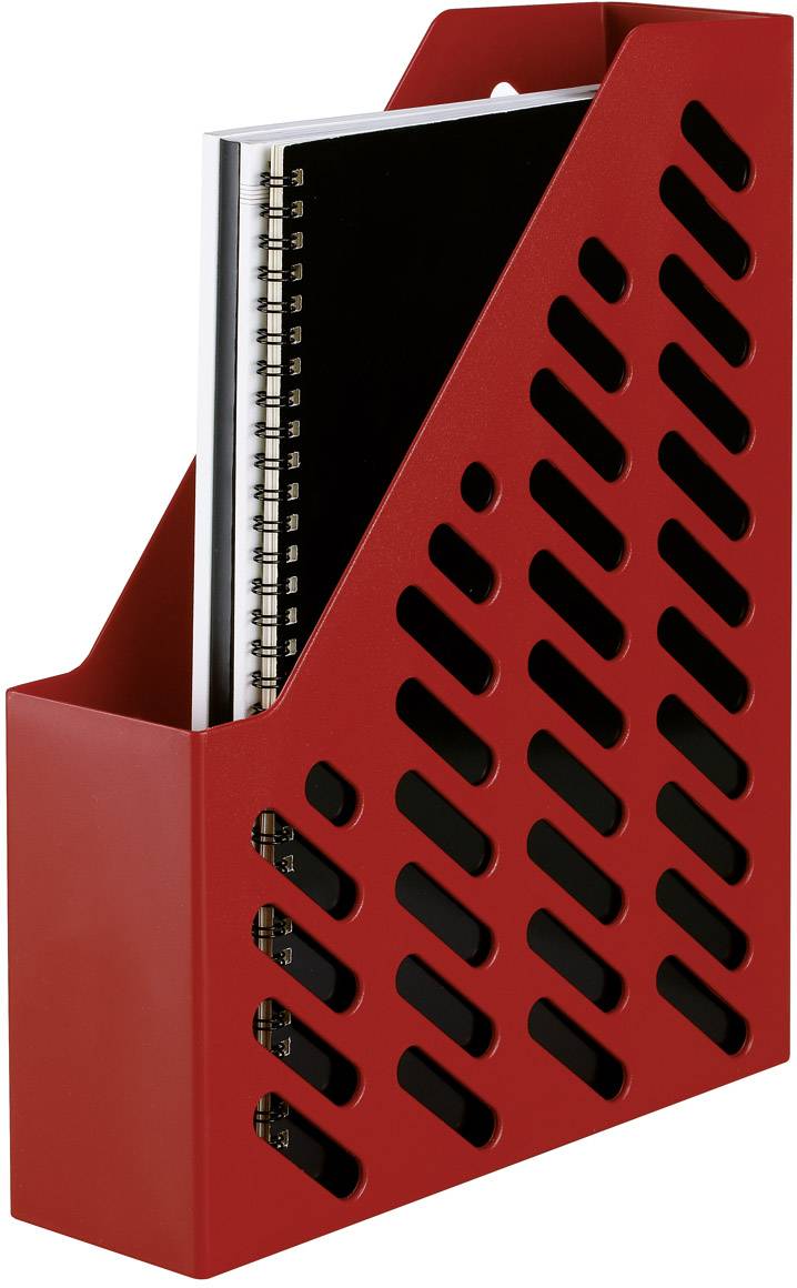 Ein rotes, perforiertes Zeitschriftenarchiv mit diagonalem Design, in dem ein schwarzes Notizbuch aufrecht steht.