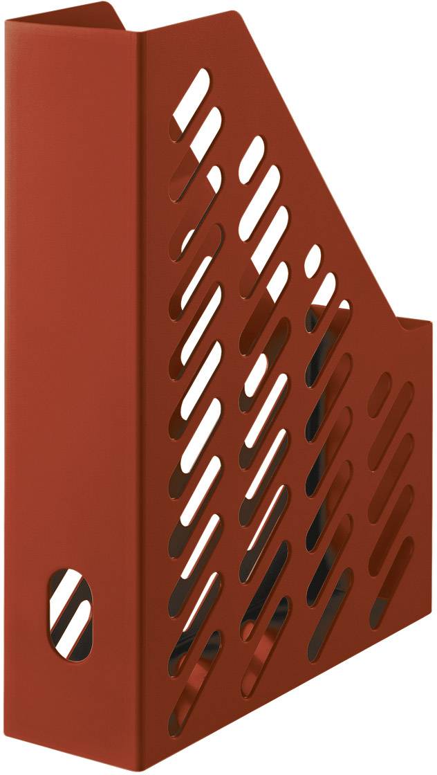 Roter Stehordner mit diagonalem Lochmuster, für die Aufbewahrung von Dokumenten aufrecht stehend.