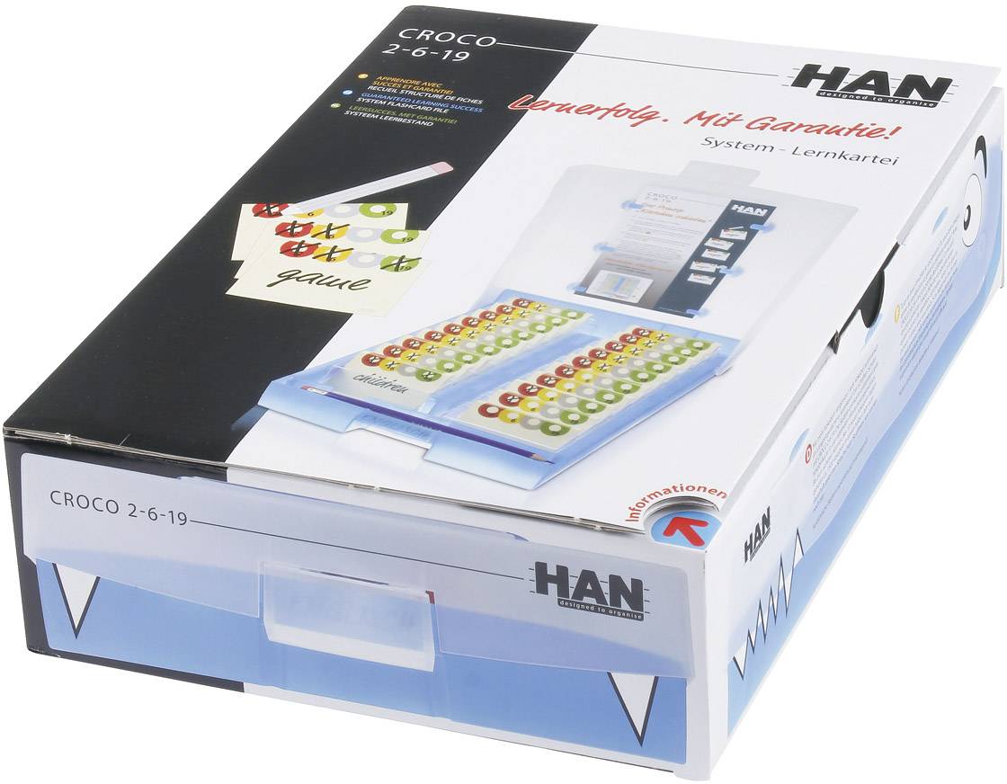 Eine Verpackung mit dem Aufdruck 'CROCO 2-6-19', zeigt ein Lernsystem mit bunten Karten. Text: 'Lernerfolg. Mit Garantie!'.