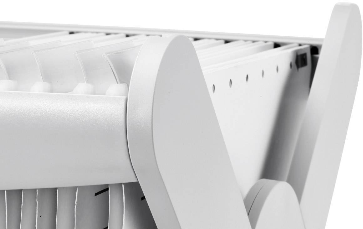 Nahaufnahme: Weißer Aktenschubladenschrank mit mehreren Hängeregistern.