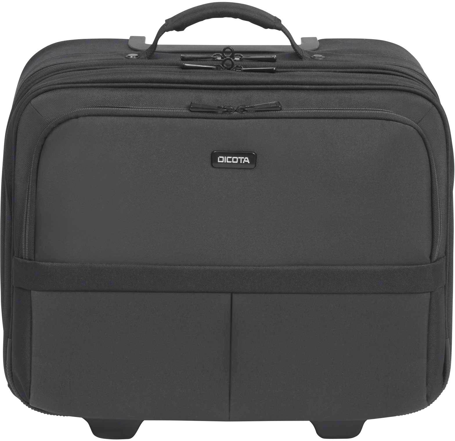 Schwarze Reisetasche mit Teleskopgriff und Rollen, erkennbares Dicota-Logo auf der Vorderseite. Perfekt für Geschäftsreisen.
