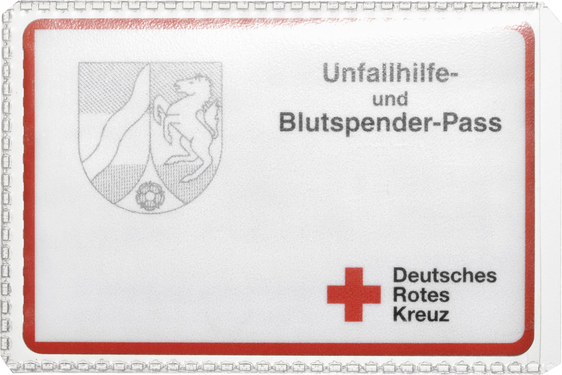 'Unfallhilfe- und Blutspender-Pass' auf einem Ausweis mit rot-weißem Logo des Deutschen Roten Kreuzes und Wappen im Hintergrund.