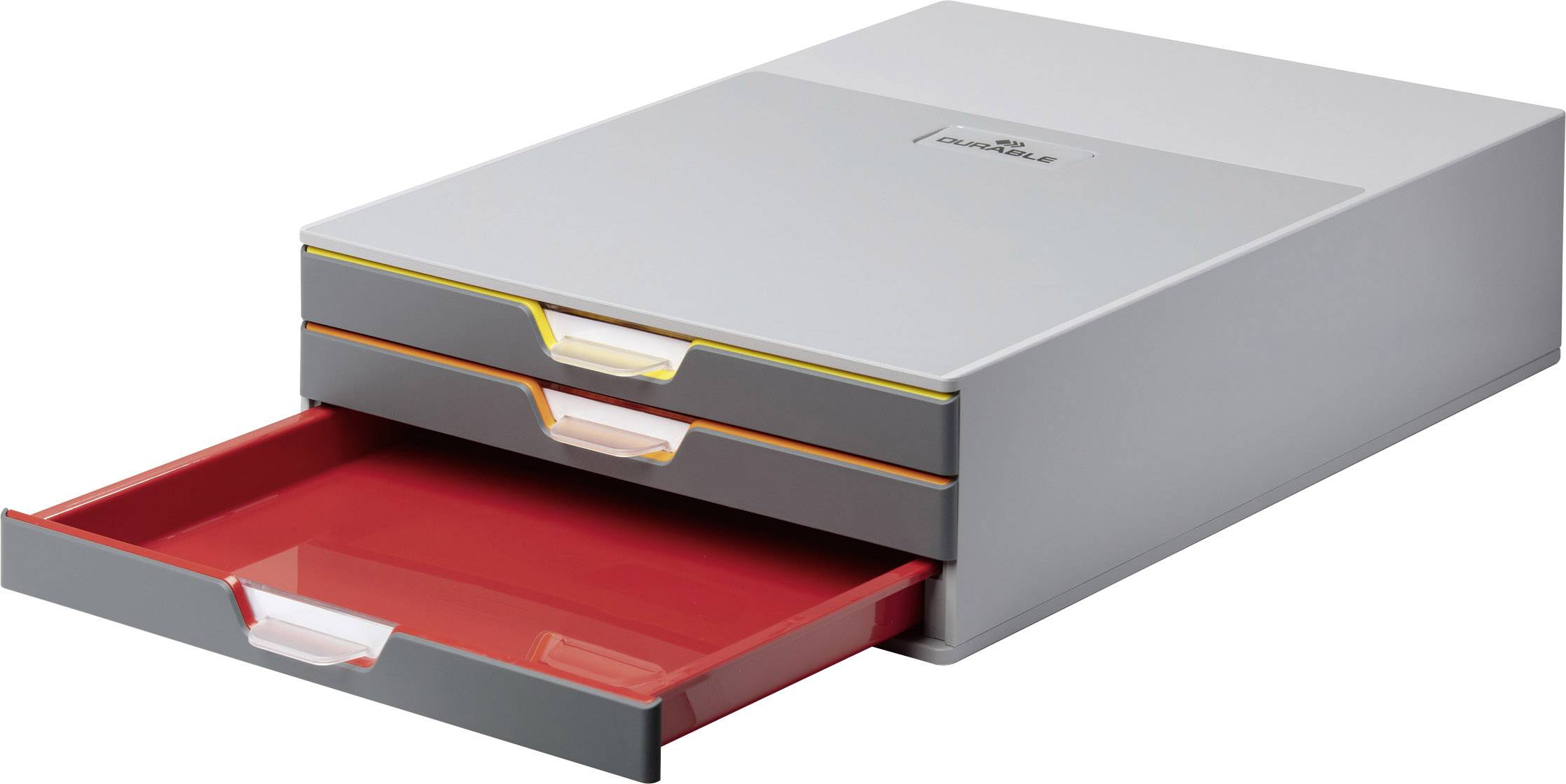 Zwei graue Schubladenboxen, obere mit gelbem Rand, untere mit orangefarbenem Rand. Die untere Schublade ist herausgezogen und innen rot.