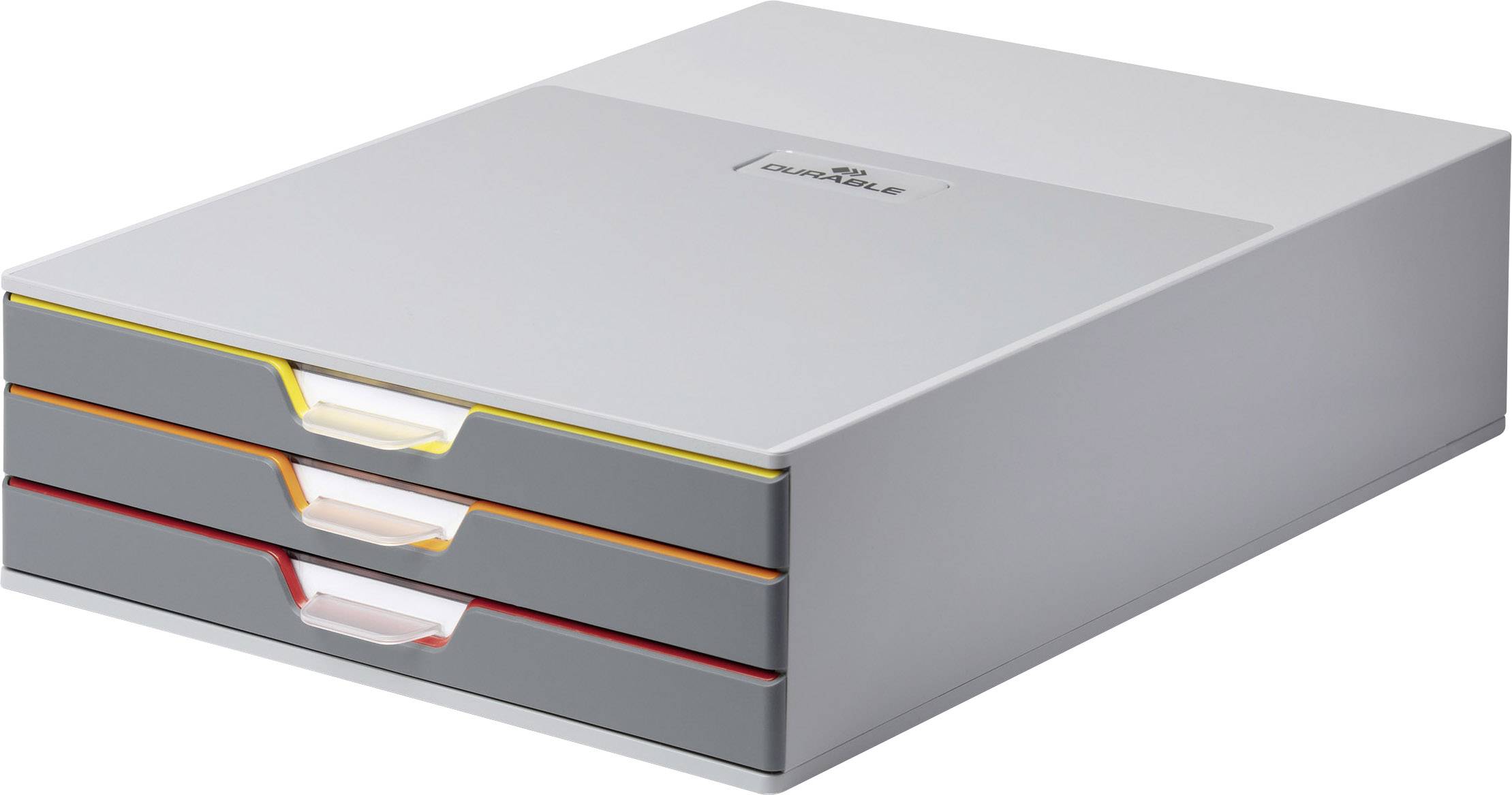 Drei graue Schubladenboxen mit farbigen Griffen (gelb, orange, rot) in einem schlanken, modernen Design.