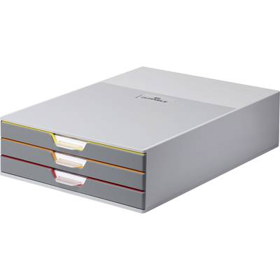 Drei graue Schubladenboxen mit farbigen Griffen (gelb, orange, rot) in einem schlanken, modernen Design.