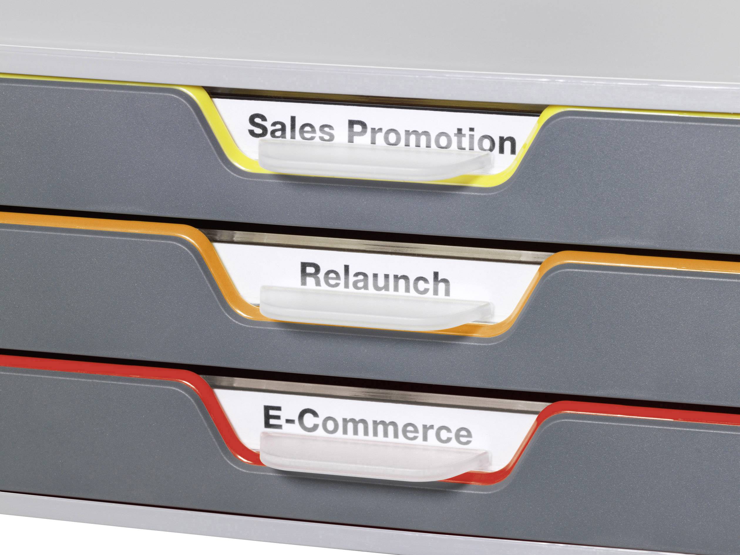 'Drei farbkodierte Schubladen mit Beschriftungen: Sales Promotion, Relaunch, E-Commerce.'