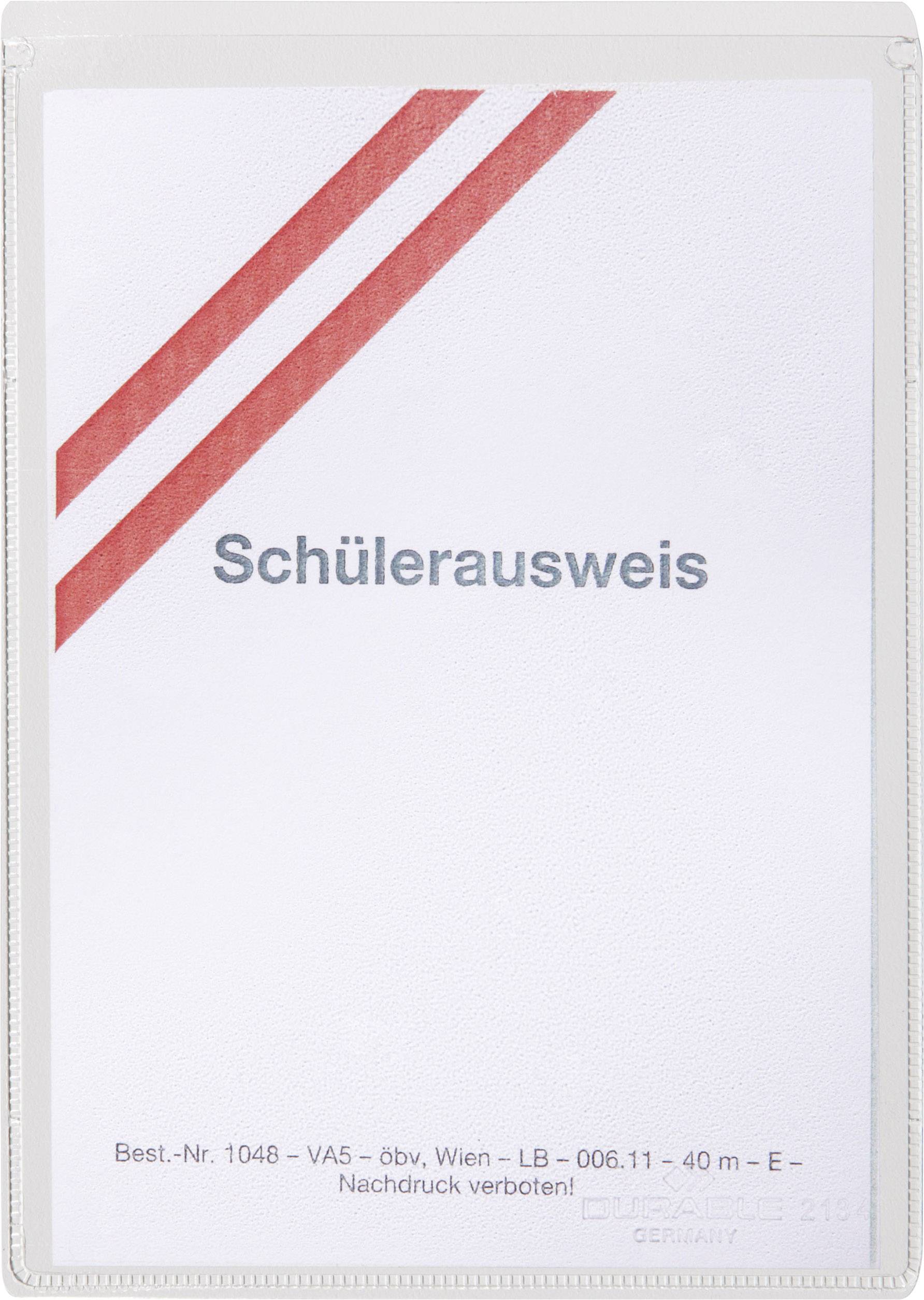 Schülerausweis mit zwei diagonalen roten Streifen oben links. Darunter steht das Wort 'Schülerausweis'. Unten sind Bestellinformationen.